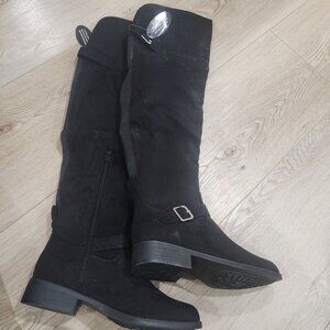 Womens Black Over-The-Knee Boots Size 6 With Buckle Detail & Zipper Closure By S